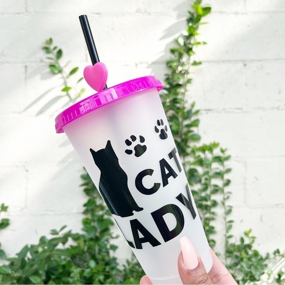 24oz Ice Coffee Plastic Venti Cup Tumbler "Cat Lady" - Picture 1 of 7